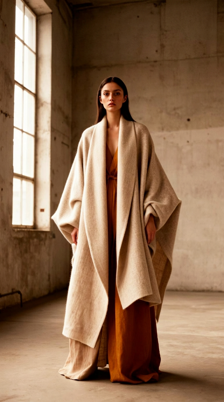 Editorial fashion portrait of a model in an oversized linen coat